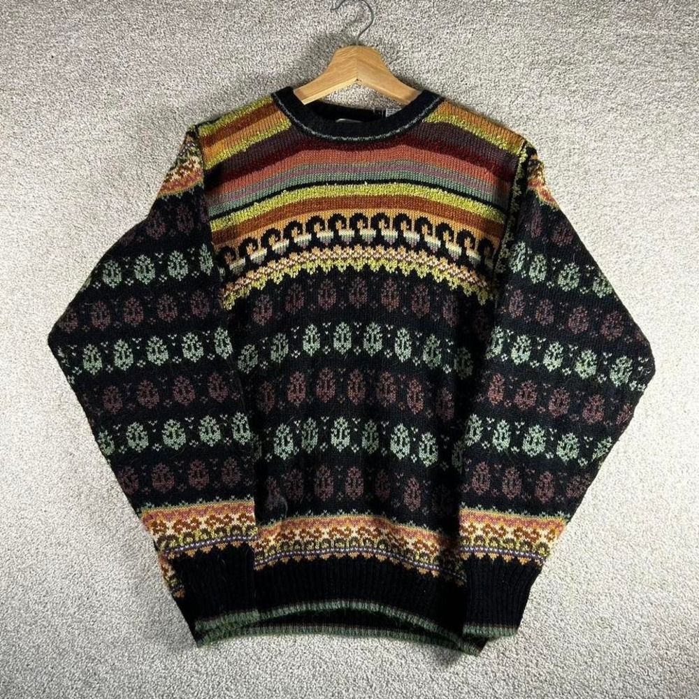 Vintage women's black multicolor striped patterned pastel cottage knit sweater - Picture 1 of 6